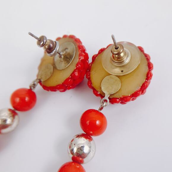 VTG 80s Very Long Red Beaded Dangle Post Earrings, Shoulder Dusters - Picture 6 of 6
